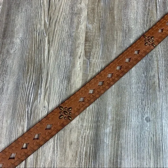 Brown Tooled Punched Leather Belt Gold Tone Metal Hardware and Stud Embellished - Picture 8 of 10